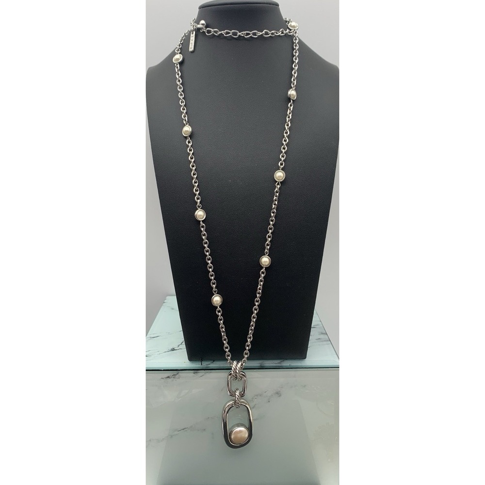 White‎ House Black Market Silver Tone Reversible Faux Pearl Station Necklace